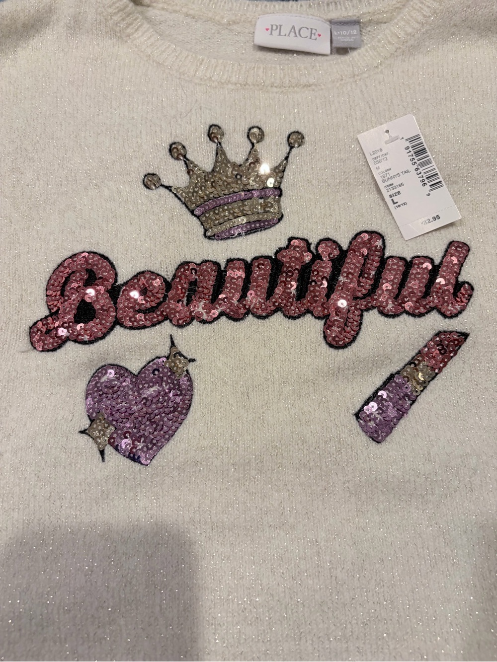 Place Cream Sweater with Pink Sequin 'Beautiful' Graphic - Picture 3 of 7